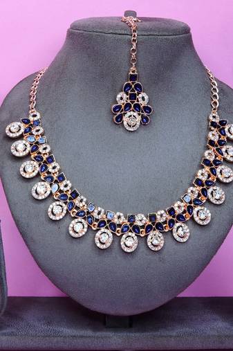 Blue rose gold premium designer american diamond and stone work necklace set