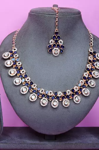 Blue rose gold premium designer american diamond and stone work necklace set