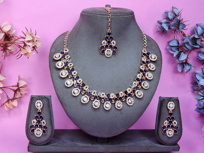 Blue rose gold premium designer american diamond and stone work necklace set