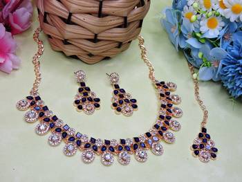 Blue rose gold premium designer american diamond and stone work necklace set 2