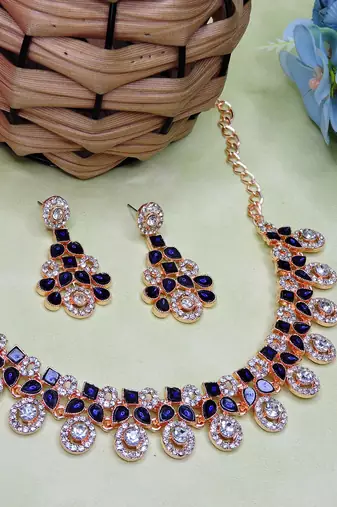 Blue rose gold premium designer american diamond and stone work necklace set