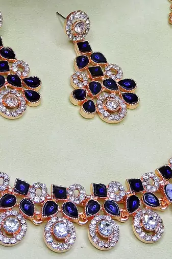 Blue rose gold premium designer american diamond and stone work necklace set