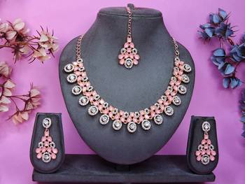 Pink rose gold premium designer american diamond and stone work necklace set 1