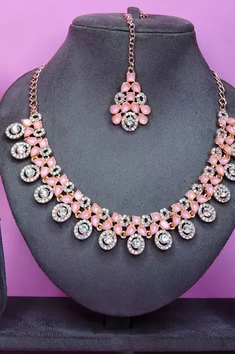 Pink rose gold premium designer american diamond and stone work necklace set