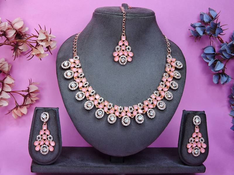 Pink rose gold premium designer american diamond and stone work necklace set