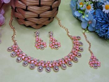 Pink rose gold premium designer american diamond and stone work necklace set 2