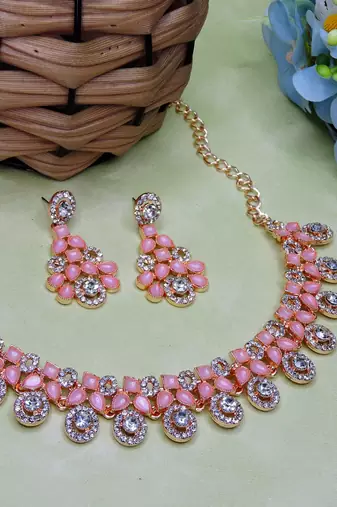 Pink rose gold premium designer american diamond and stone work necklace set
