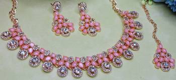 Pink rose gold premium designer american diamond and stone work necklace set 3