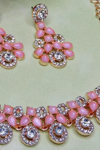 Pink rose gold premium designer american diamond and stone work necklace set