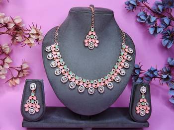 Green rose gold premium designer american diamond and stone work necklace set 1
