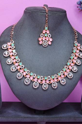 Green rose gold premium designer american diamond and stone work necklace set