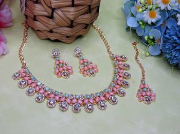 Green rose gold premium designer american diamond and stone work necklace set 2