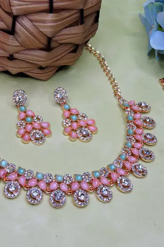 Green rose gold premium designer american diamond and stone work necklace set