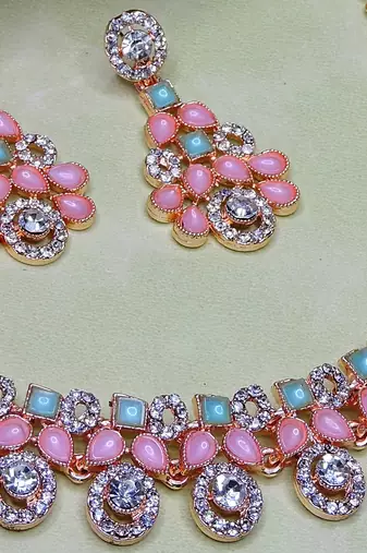 Green rose gold premium designer american diamond and stone work necklace set