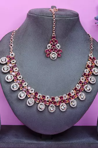 Purple rose gold premium designer american diamond and stone work necklace set