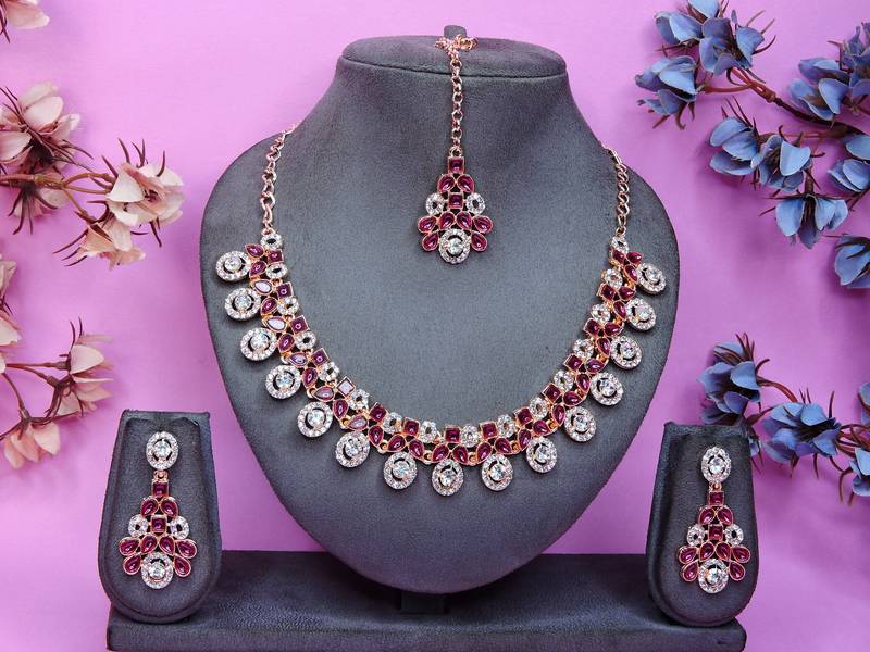 Purple rose gold premium designer american diamond and stone work necklace set