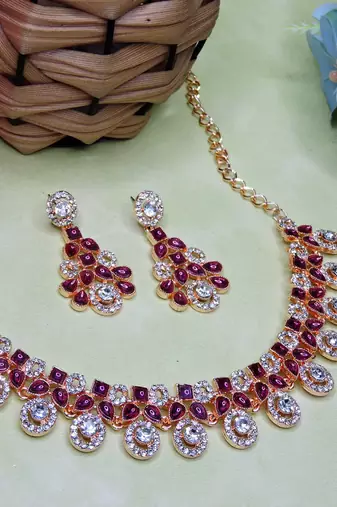 Purple rose gold premium designer american diamond and stone work necklace set