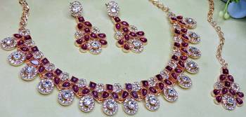 Purple rose gold premium designer american diamond and stone work necklace set 3