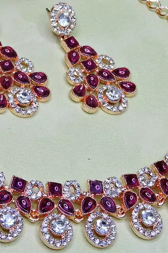 Purple rose gold premium designer american diamond and stone work necklace set