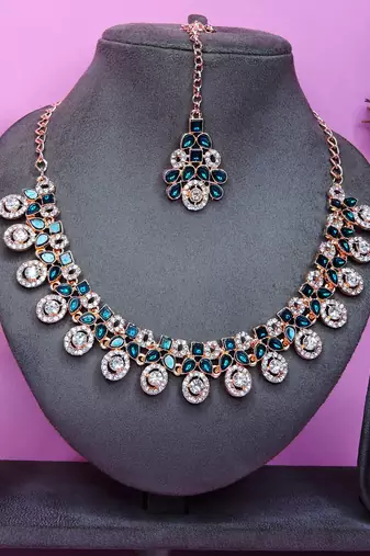 Blue rose gold premium designer american diamond and stone work necklace set