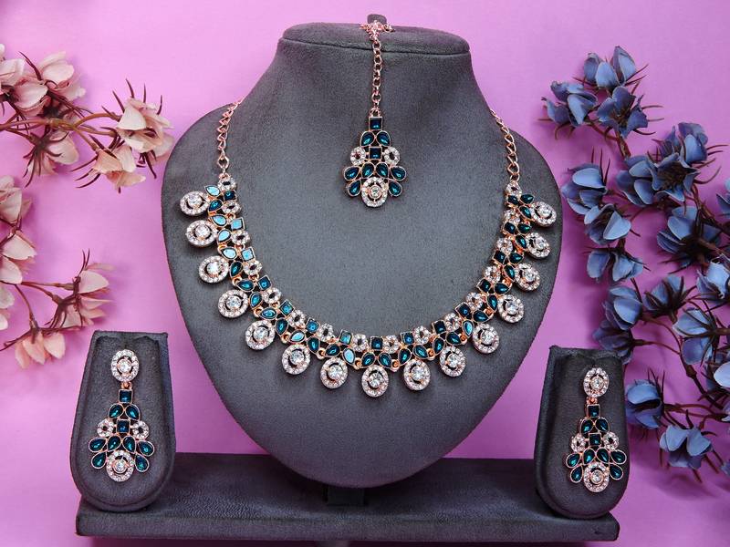 Blue rose gold premium designer american diamond and stone work necklace set