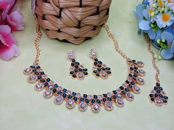 Blue rose gold premium designer american diamond and stone work necklace set 2