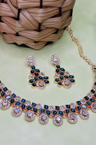 Blue rose gold premium designer american diamond and stone work necklace set