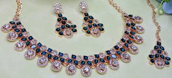 Blue rose gold premium designer american diamond and stone work necklace set 3