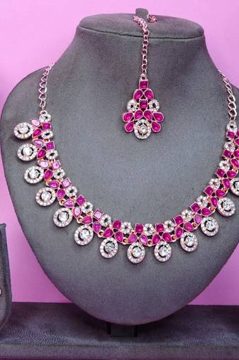 Pink rose gold premium designer american diamond and stone work necklace set