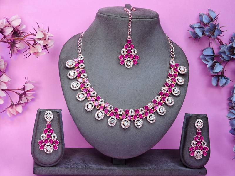 Pink rose gold premium designer american diamond and stone work necklace set