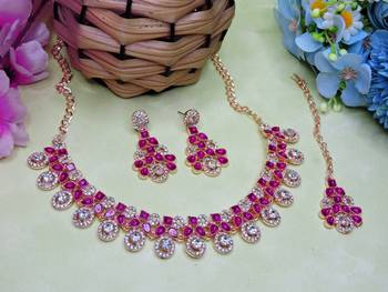 Pink rose gold premium designer american diamond and stone work necklace set 2