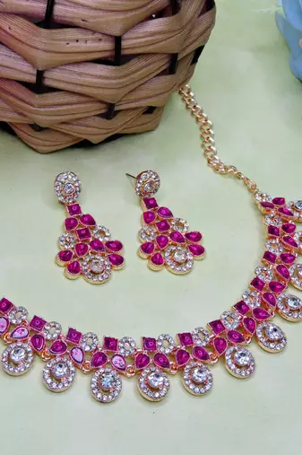 Pink rose gold premium designer american diamond and stone work necklace set