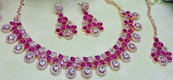 Pink rose gold premium designer american diamond and stone work necklace set 3