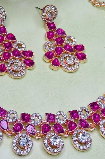 Pink rose gold premium designer american diamond and stone work necklace set