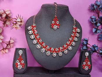 Red rose gold premium designer american diamond and stone work necklace set 1