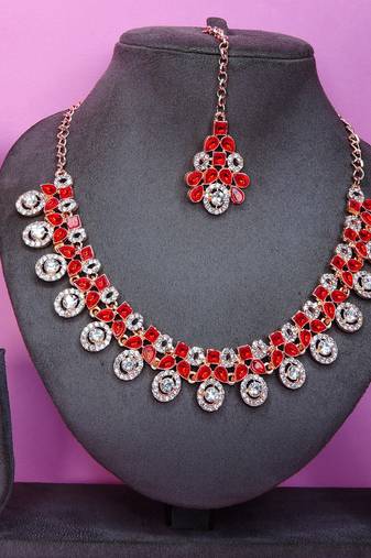 Red rose gold premium designer american diamond and stone work necklace set