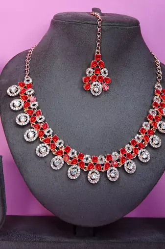 Red rose gold premium designer american diamond and stone work necklace set