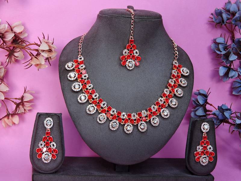 Red rose gold premium designer american diamond and stone work necklace set