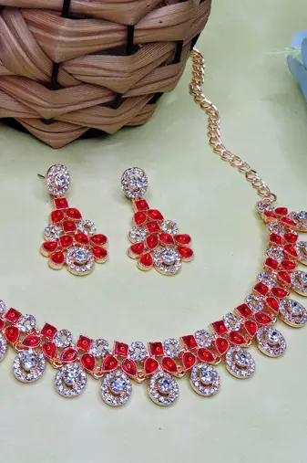 Red rose gold premium designer american diamond and stone work necklace set