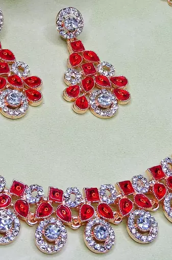 Red rose gold premium designer american diamond and stone work necklace set