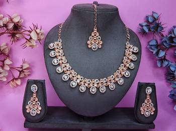 White rose gold premium designer american diamond and stone work necklace set 1