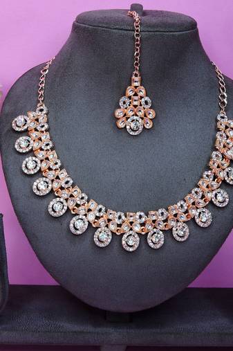 White rose gold premium designer american diamond and stone work necklace set