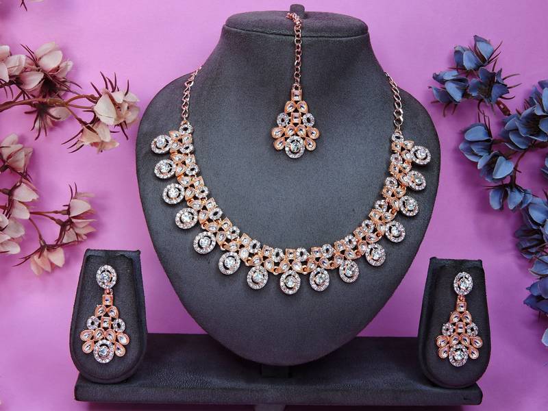 White rose gold premium designer american diamond and stone work necklace set