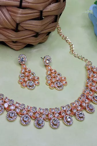 White rose gold premium designer american diamond and stone work necklace set