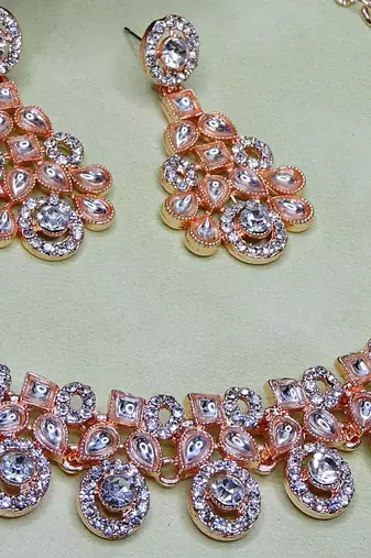 White rose gold premium designer american diamond and stone work necklace set