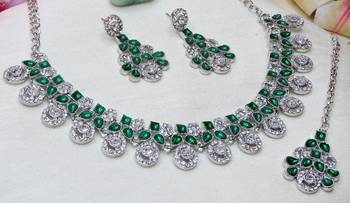 Green rhodium premium designer american diamond and stone work necklace set 1