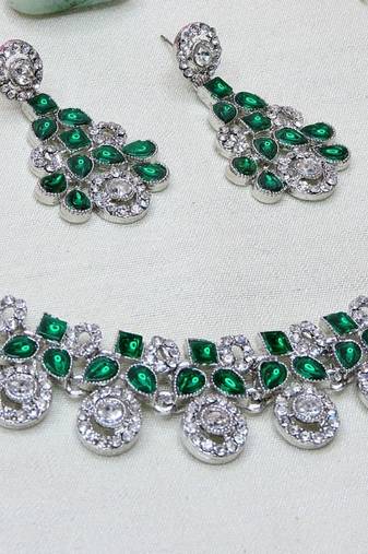 Green rhodium premium designer american diamond and stone work necklace set