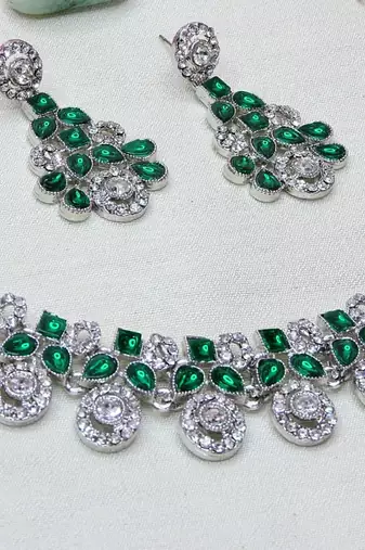 Green rhodium premium designer american diamond and stone work necklace set