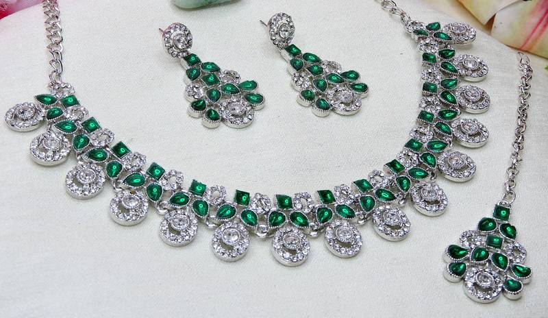 Green rhodium premium designer american diamond and stone work necklace set