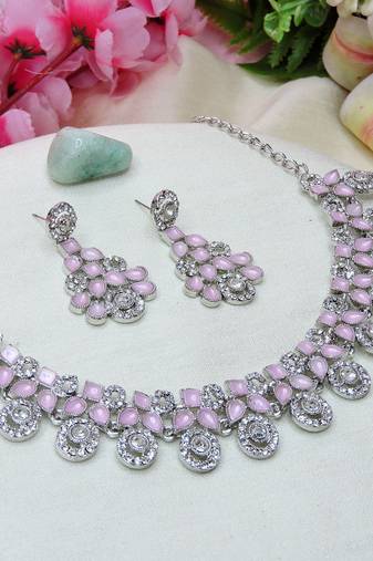 Pink rhodium premium designer american diamond and stone work necklace set